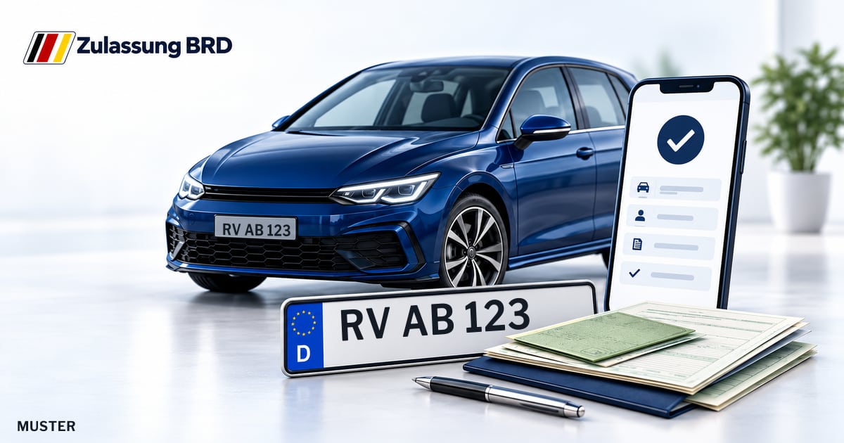 Online Fahrzeugzulassung in Aulendorf: Musterkennzeichen RV AB 123, Auto und Fahrzeugpapiere und Smartphone. Illustration mit Logo von Zulassung BRD.